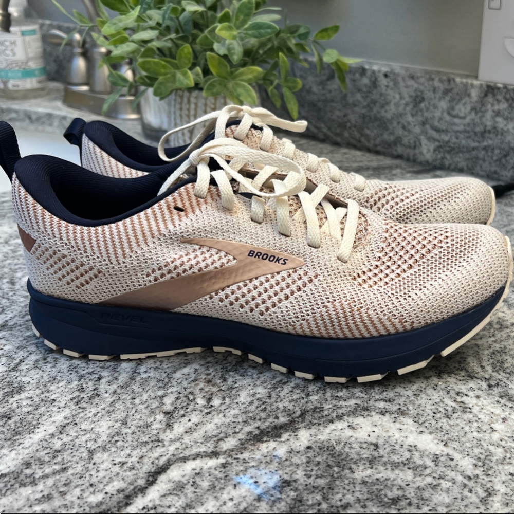 Brooks Women's Revel 5 Beige and Dark Blue Athletic Shoes